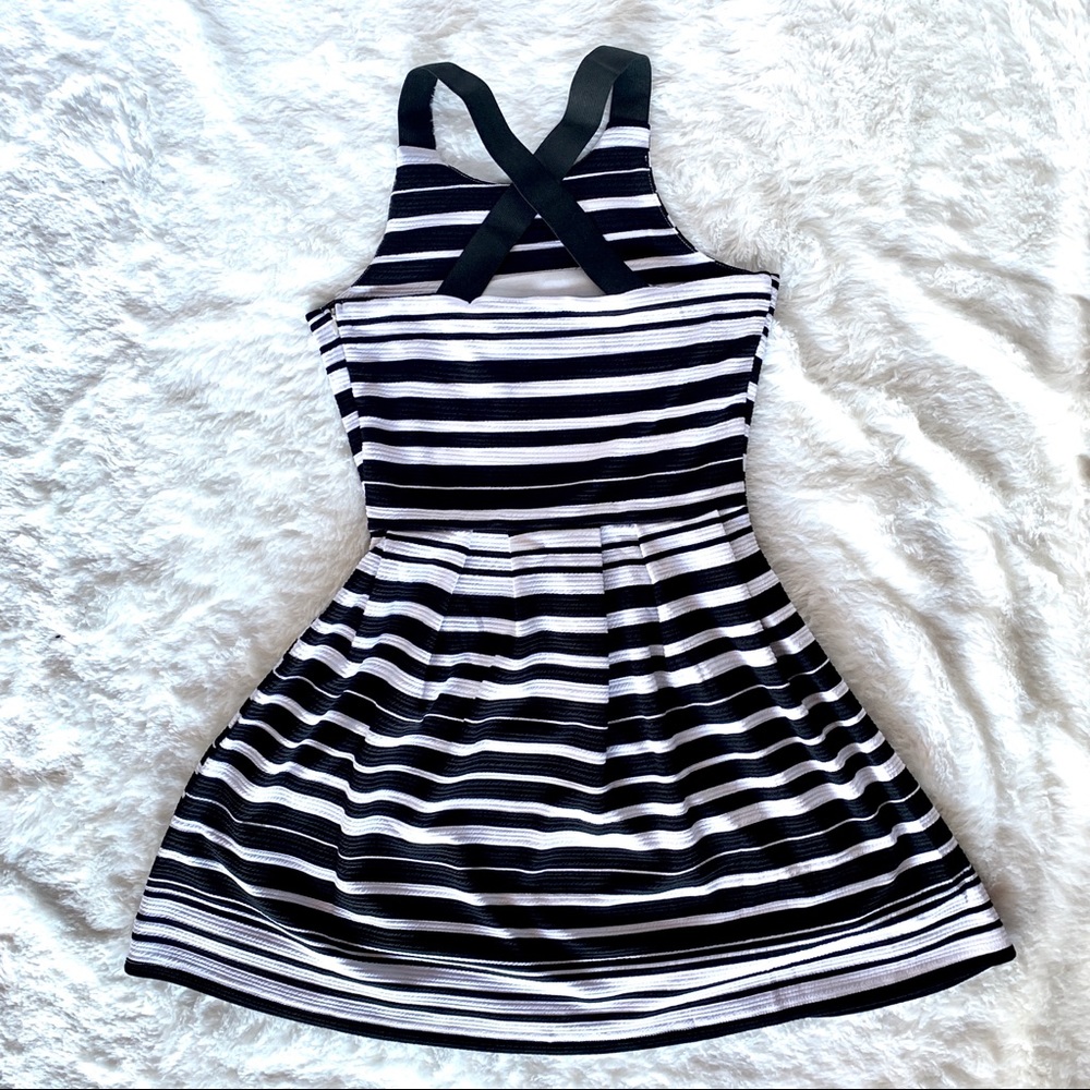 B&W Striped Skater Dress w/ crisscross back strap